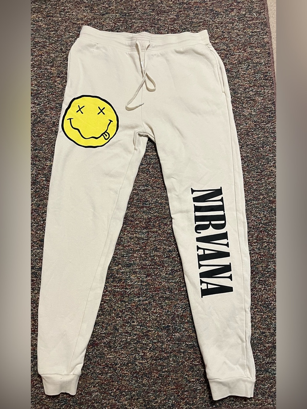 Nirvana Smiley Face Sweatpants Cream Joggers Size L Fleece Graphic